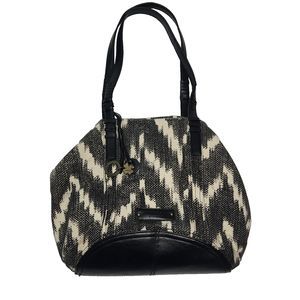 Lucky Brand Purse Black Ivory Canvas Shoulder Bag Vegan Leather Boho Satchel